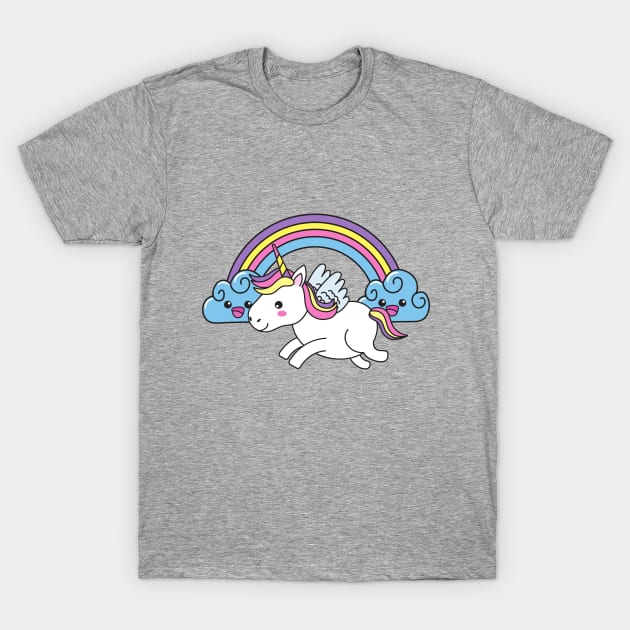 Cute Little Unicorn With Heart, Line Drawing White, Pink, Purple, Green & Yellow T-Shirt by Vegan Squad